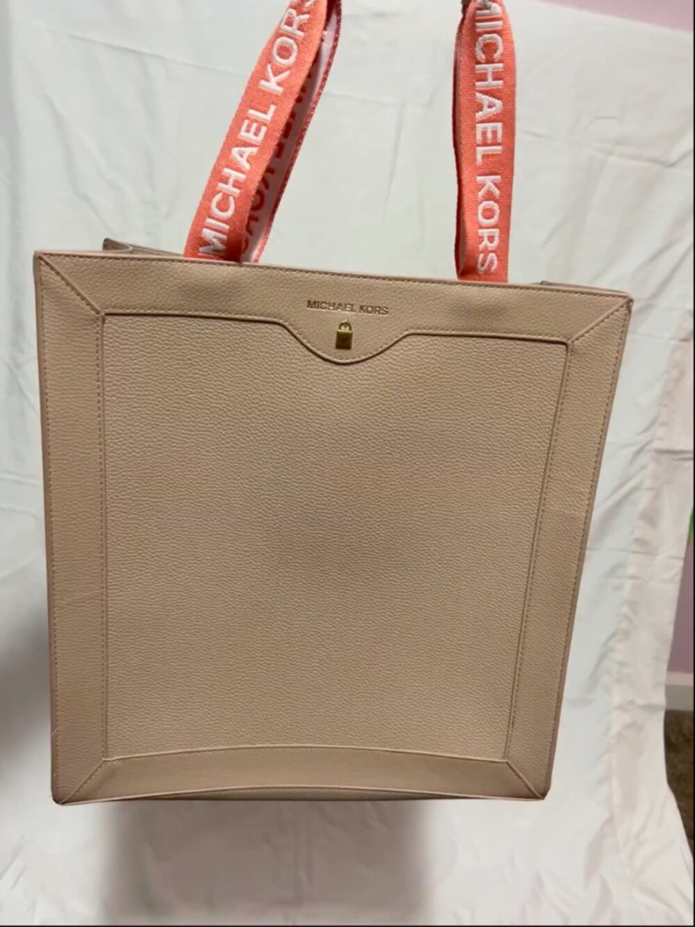 Michael Kors Blush Pink Leather Tote Bag with Logo Coral Webbing Handles